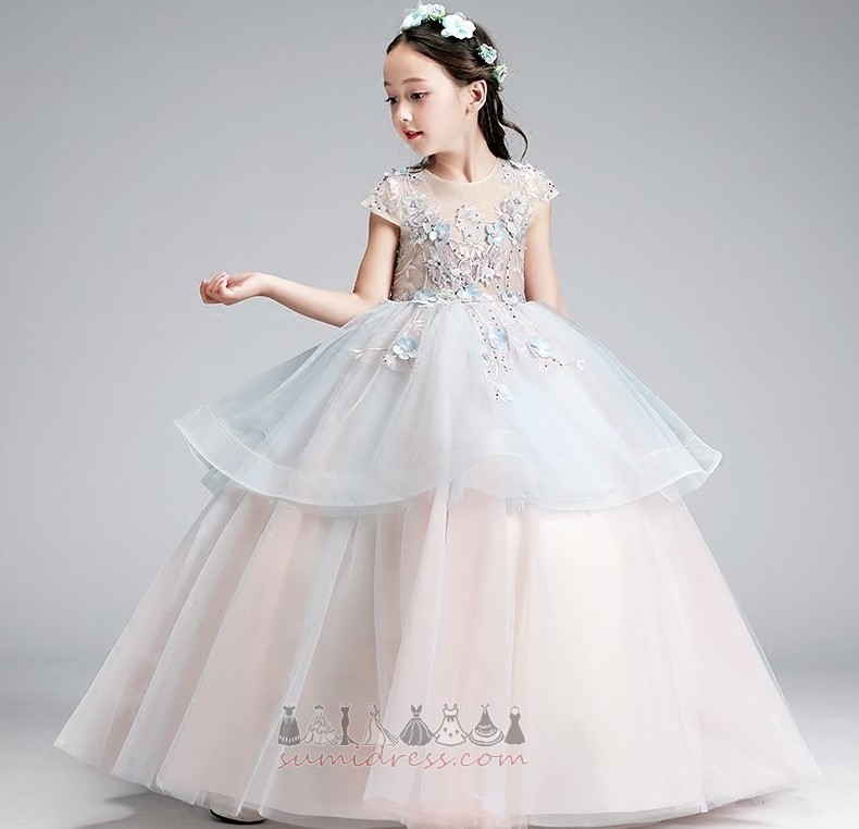 Zipper Up Applique Ceremony Short Sleeves Illusion Sleeves Tulle Communion Dress