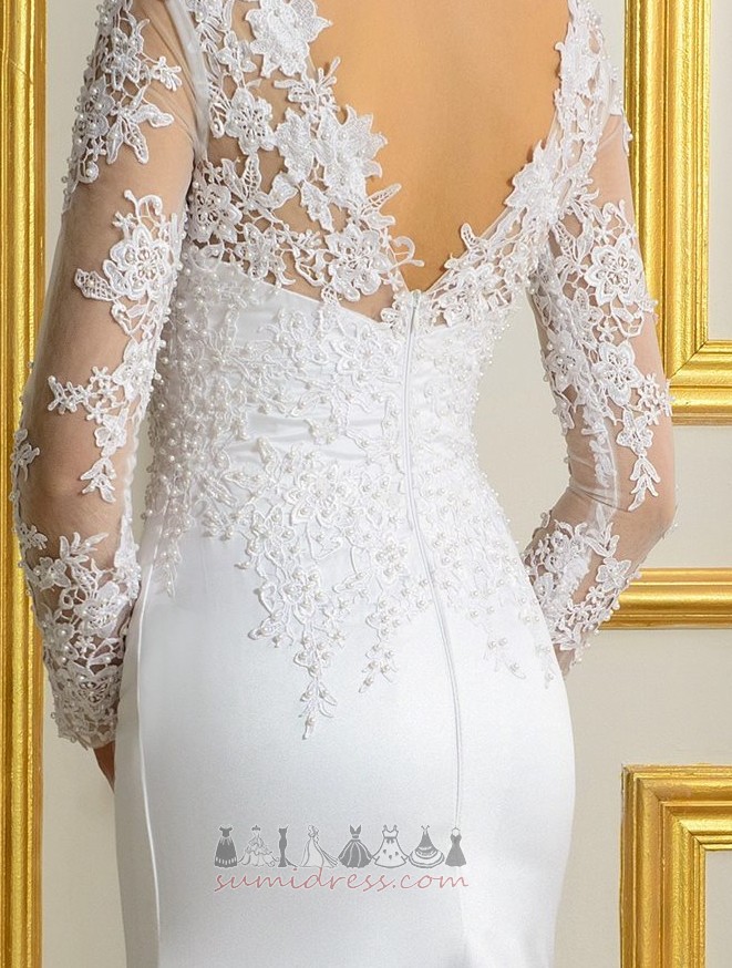 Zipper Up Dropped Waist Lace Overlay Sexy Draped Illusion Sleeves Wedding Dress
