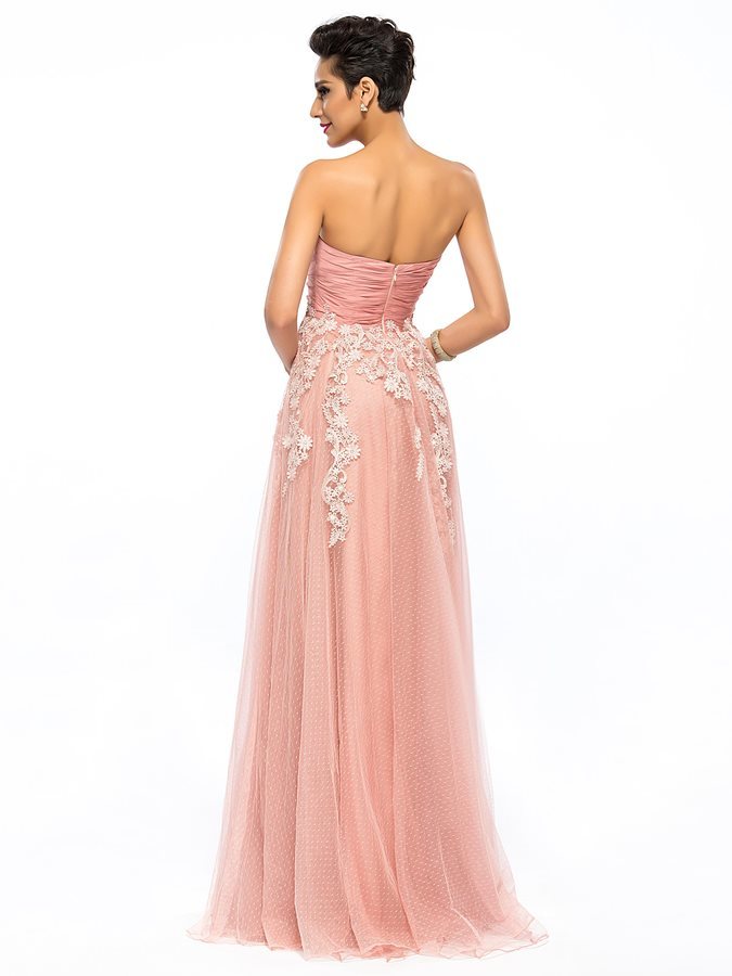 Zipper Up Elegant Lace Sweep Train Floor Length Strapless Prom Dress