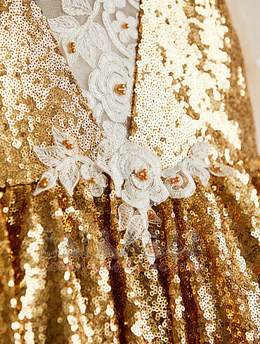 Zipper Up Hemline Asymmetrical Sequined V-Neck Asymmetrical Starry Flower Girl gown
