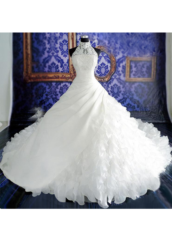 Zipper Up High Neck Church Applique Formal Princess Wedding Dress