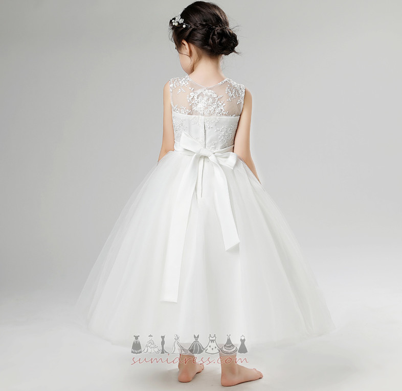 Zipper Up Jewel Accented Bow Applique A-Line Tea Length Flower Girl Dress