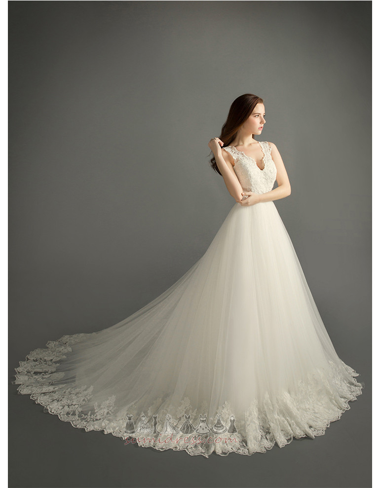 Zipper Up Lace Overlay Hall Elegant V-Neck A-Line Wedding Dress
