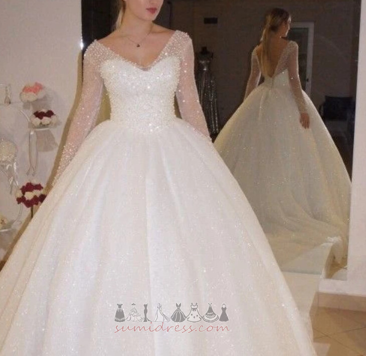 Zipper Up Long Natural Waist Sparkle Long Sleeves A-Line Wedding Dress