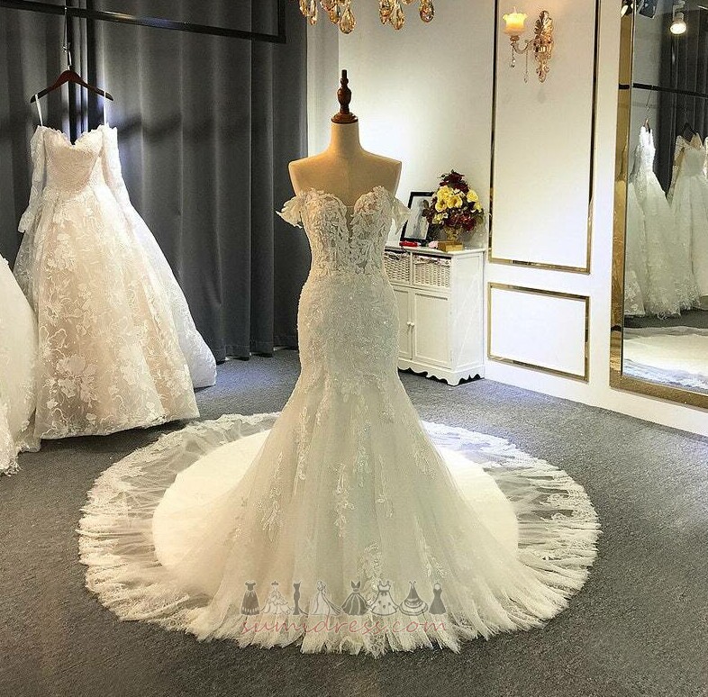 Zipper Up Sweep Train Off Shoulder Outdoor Long Lace Wedding Dress